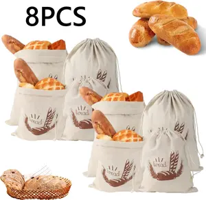 8PCS Linen Bread Bags, Reusable Bread Bag for Keeping Fresh, Bread Storage with Drawstring, Bread Baking Accessories, Bread Bin for Bread, Baguette, Fruit, Vegetables - 4PCS 30 x 40 cm & 4PCS 25 x 30 cm