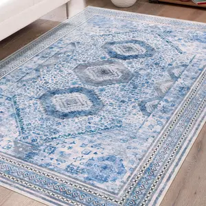 Purplish Blue Vintage Faux Cashmere Printed Boho Area Rug - Machine Washable Low-Pile Soft Fur-Like, Non-Slip Backing Large Rugs for Bedroom, Living Room Decor, Indoor Use (4x6/5x8/6x9/8x10 ft)