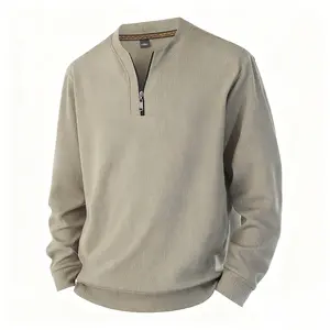 Quarter Zip Up Ribbed Long Sleeve Men's Top Textured Fabric Casual Daily Pullover for Everyday Wear