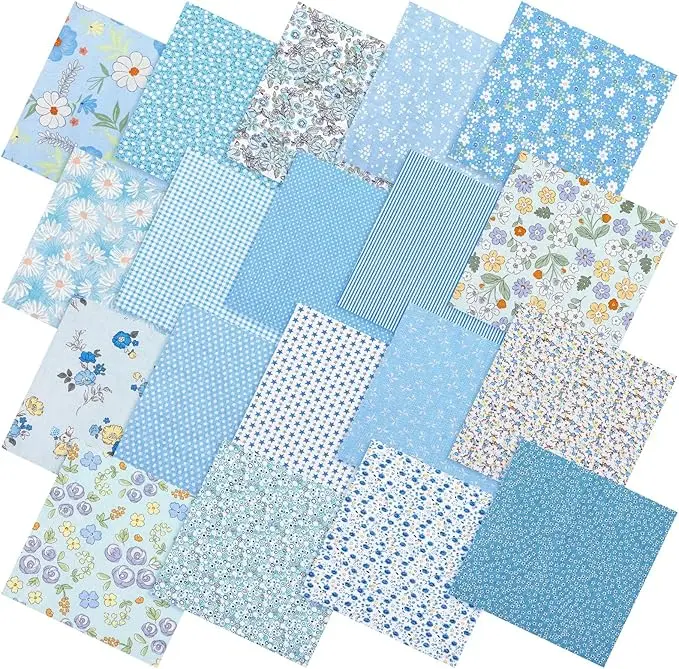 20 Pcs 10''x10'' Blue Flower Quilting Fabric Square Spring Floral Precuts Quilted Fabric Bundle Plaid Polka Dot Stripes Printed Sewing Material for Summer Patchwork DIY Craft Supplies