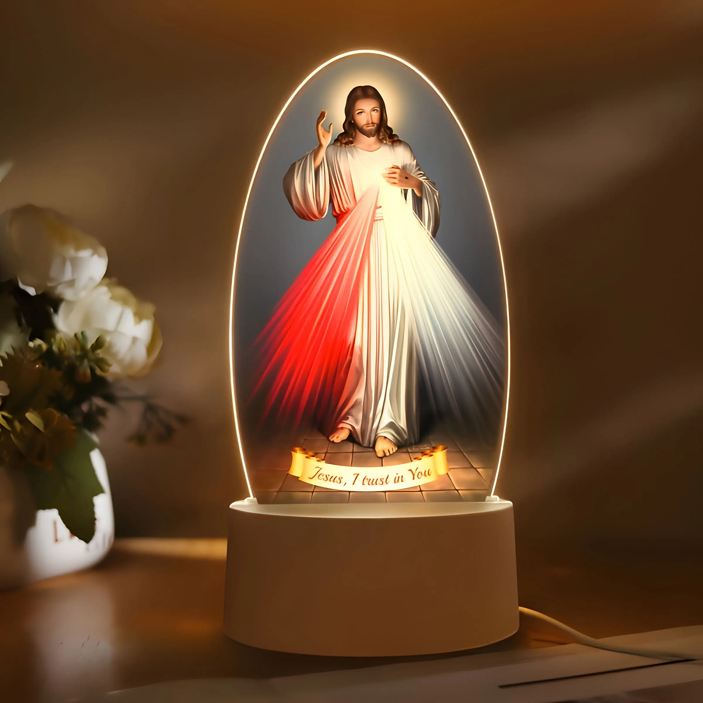 Acrylic Christian Jesus Night Light, USB Powered Table Lamp, Warm Color Lighting, Religious Home Decor, Church Souvenir, Ideal Gift, Religious Decoration, Stylish Religious Decor, Spiritual Decor