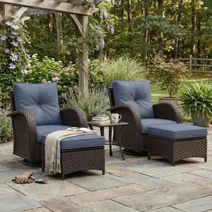 【3 Packages Shipping】LayinSun 5 Pieces Patio Outdoor Conversation Set, Wicker Furniture Set with Swivel Chairs and Ottomans 4-Seat