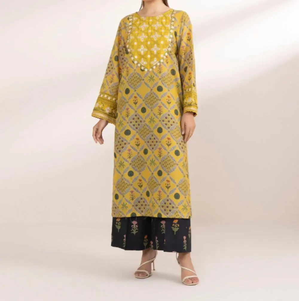 Women's Oversized 2-Piece Fancy Cotton Clothing Set - Round Neck Long Sleeve Embroidered Yellow Geometric Print Tunic & Wide-Leg Cambric Culottes, Breathable, Baggy, Casual, Elegant