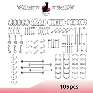 105-piece versatile multi-size piercing stud combo set, including 14G/16G/20G nose studs, lip studs and ear studs, equipped with long straight industrial bars, horseshoe rings, cone studs and inlaid crystal nose studs, a body jewelry set for daily wear.