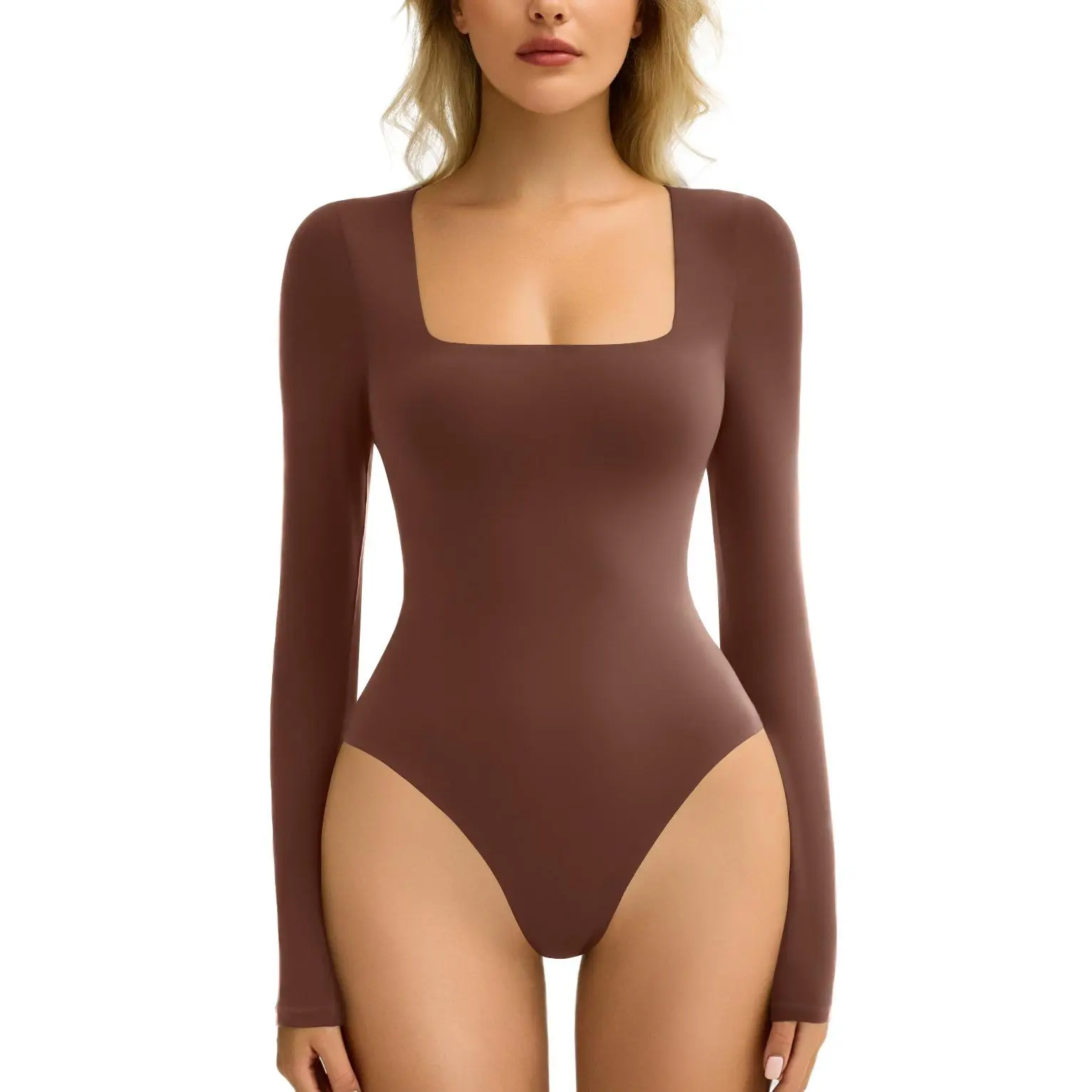 Women's Long Sleeve Bodysuit Double Lined Square Neck Body Suit Tops Snap Closure Soft