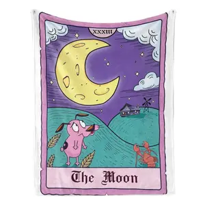 Courage Cowardly Dog Moon Tarot Card Flannel Fleece Blanket Soft Cozy Throw Blanket Retro Cartoon Mystical Gothic Plush Bed Sofa Couch Blanket Halloween Gift Fall Decor for Fans