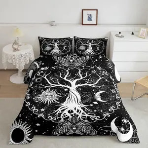 Feelyou Microfiber Quilted Queen Comforter Set - Boho Breathable Duvet Set, Tree of Life Hippie Gothic Moth Sun and Moon Psychedelic Galaxy Trippy Stars Decorative Bedding for Bedroom, Boho Bed Set