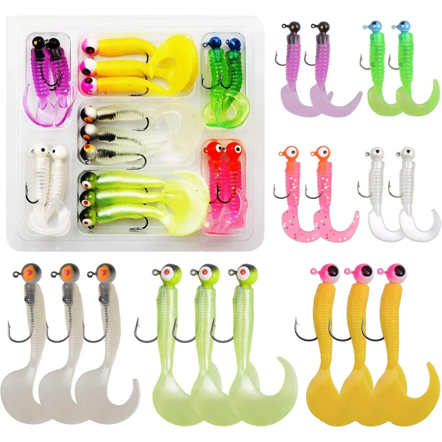 Soft Plastic Fishing Lure Jig  Hook Kit,17pcs/110pcs Grub Worm Lures Crappie Jigs Grub Tail for Saltwater Freshwater, Trout Crappie Fishing