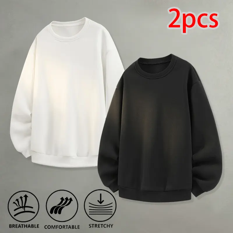 Two-pack solid white crewneck sweatshirts, loose drop-shoulder basic pullover tops, unisex streetwear style for everyday commuting and home leisure, plain blank sweatshirts