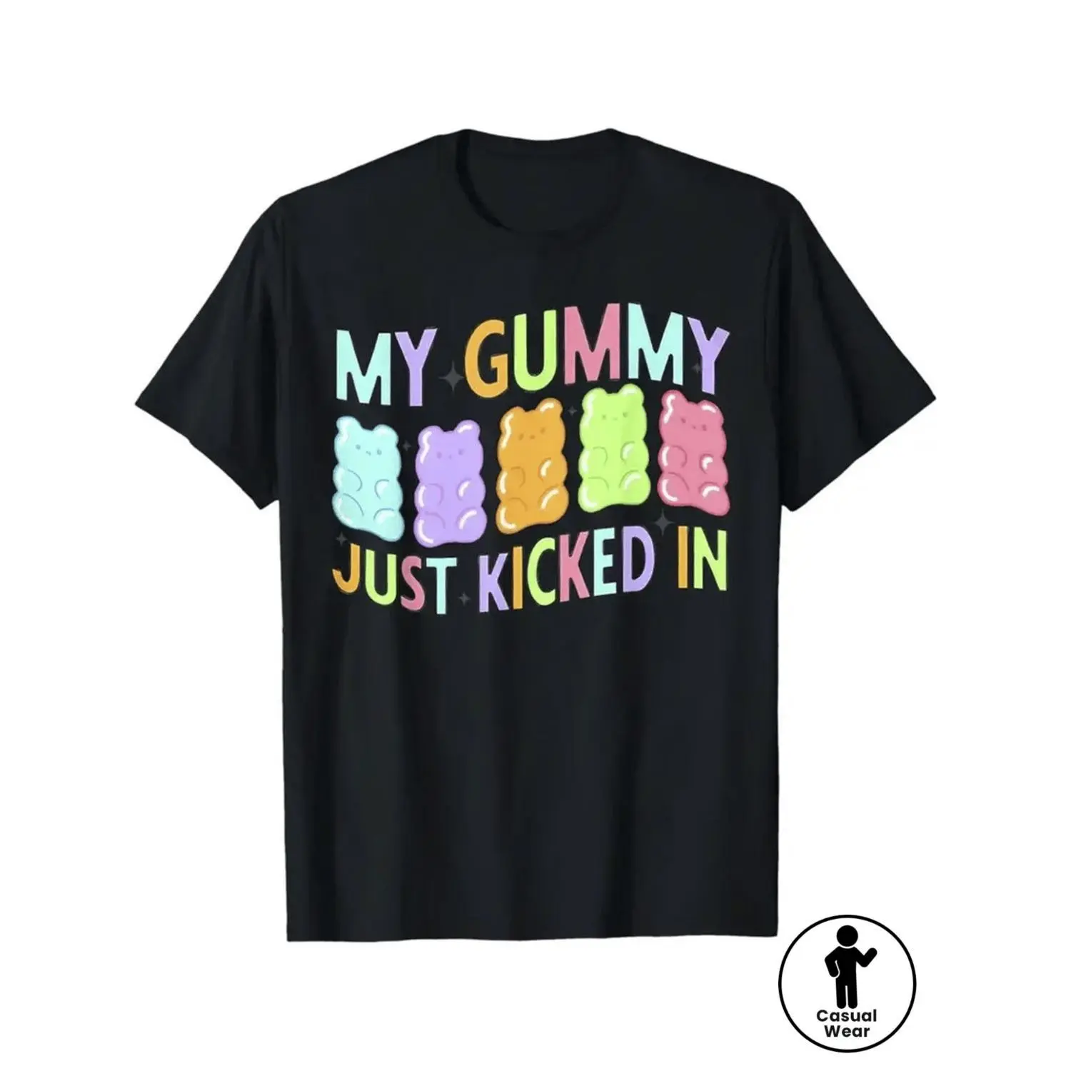 Humorous Graphic Tee for Men Featuring a Colorful Gummy Design - Perfect for Casual Wear And Themed Gatherings, Black Short Sleeve Round Neck Style, Plus Size
