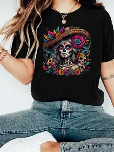 Tiktok Trendy Sugar Skull Print Tee, Soft Breathable Cotton Loose Fit, Perfect for Girls, Home Leisure, Halloween, Casual Wear