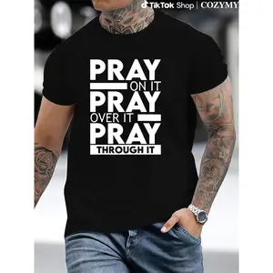 Men's 'Pray Over It' Graphic T-Shirt - 100% Cotton, Crew Neck, Casual Summer Shirt, Slightly Stretchable, Black with Bold White Lettering