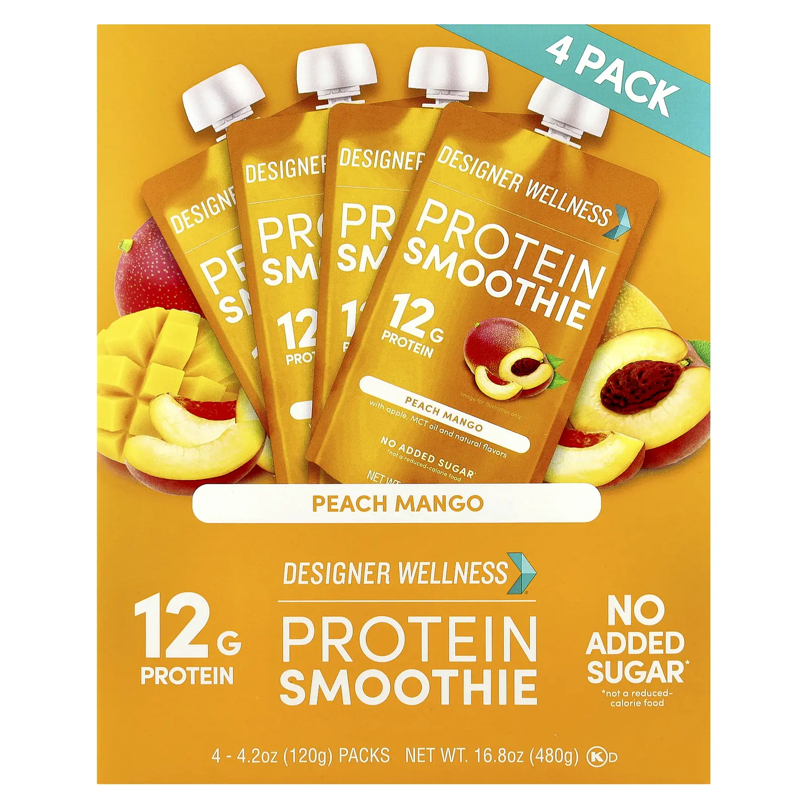 Designer Wellness Protein Smoothie, Peach Mango, 4 Packs, 4.2 oz (120 g) Each