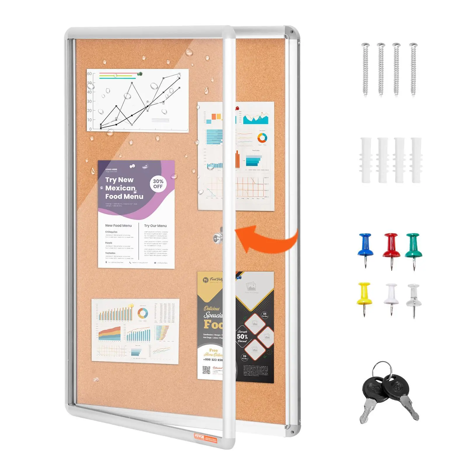 VEVOR 36"x24" Enclosed Cork Board with Aluminum Frame - Lockable Bulletin Display with Acrylic Door & 2 Keys - Weather-Resistant Wall Case for School/Home/Office