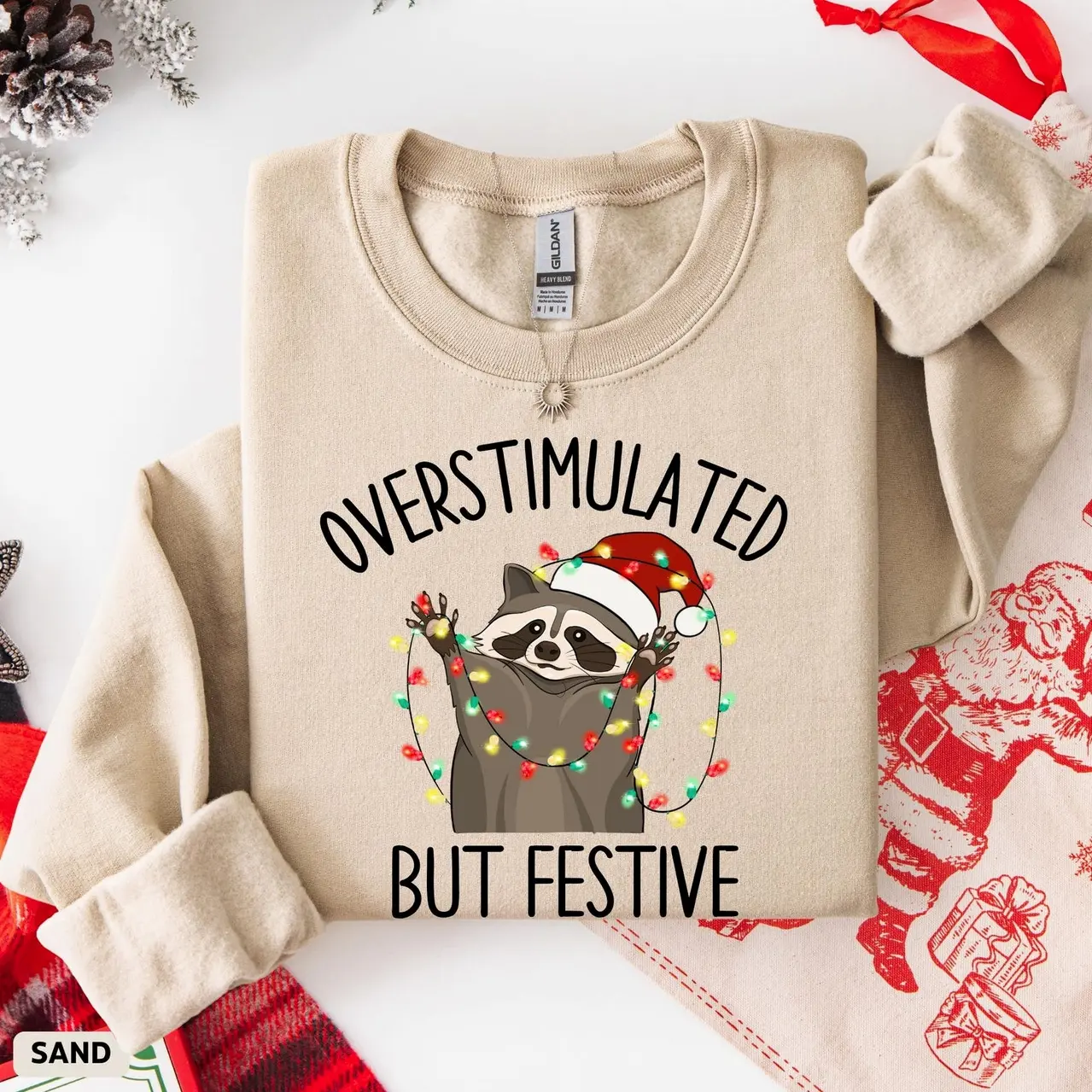 Overstimulated But Festive Racoon Christmas Sweatshirt, Funny Racoon Christmas Sweat, Racoon Christmas Hoodie, Funny Meme Cewneck, Print Tee