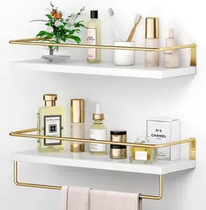 White Floating Shelves with Golden Towel Rack - Set of 2 Wall Mounted Hanging Bathroom Shelves, Decorative Shelves for Stylish Storage in Bathroom, Kitchen, Living Room & Bedroom Organiser Shelf