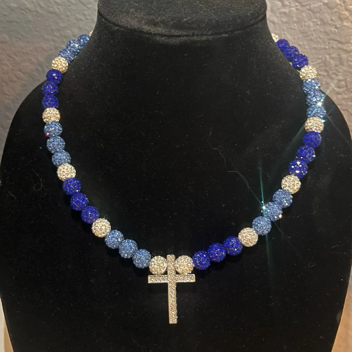 Blue and White Baseball Bling Necklace with Cross - Elegant Design for Baseball Fans and Casual Wear