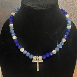 Blue and White Baseball Bling Necklace with Cross - Elegant Design for Baseball Fans and Casual Wear