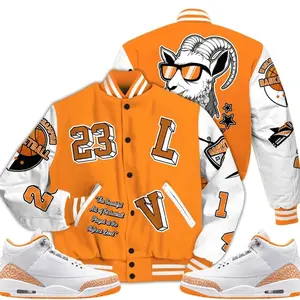 3 White Orange Peel Varsity Jacket, Orange Citrus 3s Outfit AIR Number 23 Shirts To Match Sneaker Streetwear