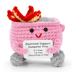 Emotional Support Handmade Crochet Dumpster Fire with Positive Card, Cute Room Decor, Funny Knitted Toys Gifts for Friends