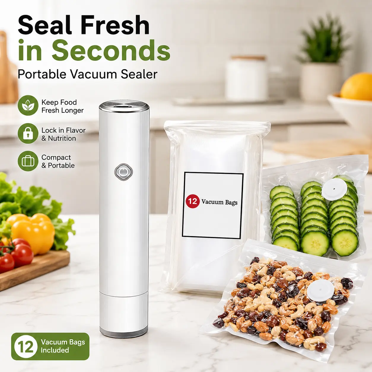 Vacuum Sealer Pump with 12 Reusable Food Storage Bags, 1-Touch Air Removal, Compact Food Saver for Meal Prep, Kitchen Use