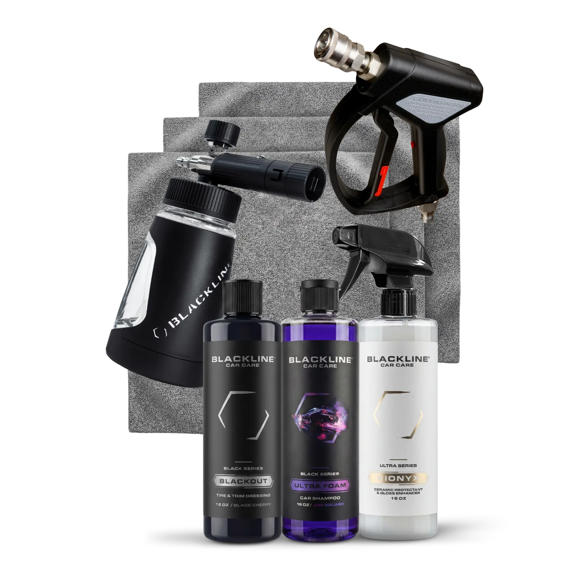 BLACKLINE Ultra Bundle – Complete Exterior Detailing Kit with Ultra Foam Cannon, Pressure Washer Gun, Ultra Foam Soap, Microfibers, Trim Dressing, and Ceramic Protectant