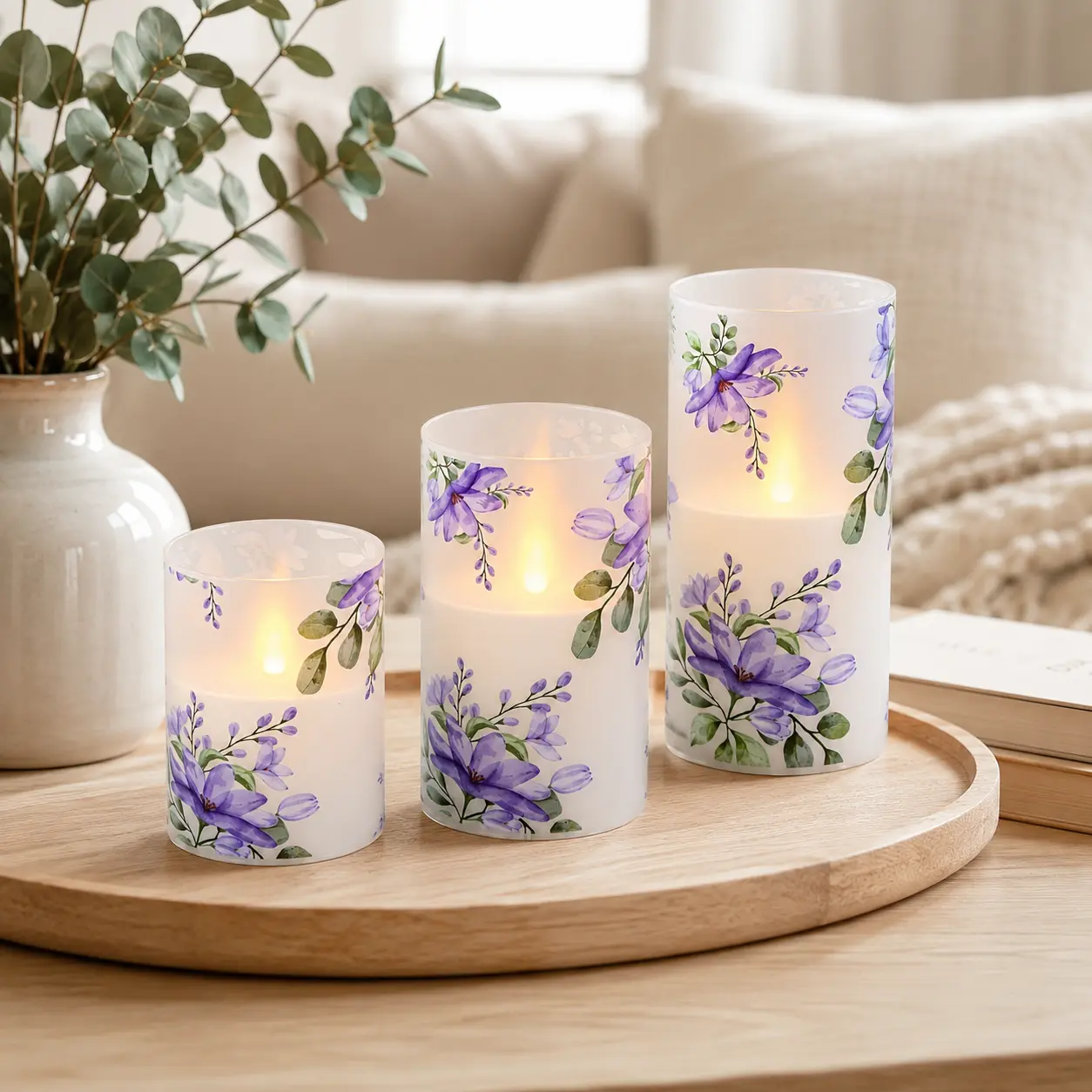 3-Piece Flameless Candle Lights - Elegant Purple Flower Column, Remote Control, Realistic Flickering Flame, Battery-Powered Infrared Sensor, Auto-Lit, Adjustable Settings, Easter/Mother’s Day Festive Atmosphere Maker, for Weddings, Home Decor