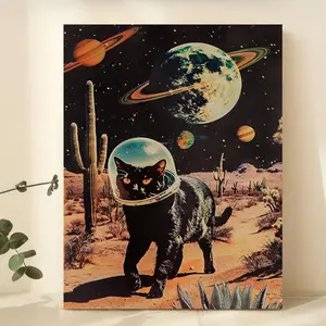 1pc Vintage Astronaut Black Cat Space Art Print - Frameless Canvas Poster with Planets, Cacti & Starry Sky, Retro Bohemian Wall Decor for Living Room, Bedroom, Office, Indoor/Outdoor Use, Office Artwork |   Vibrant Color Artwork, Moon Decor