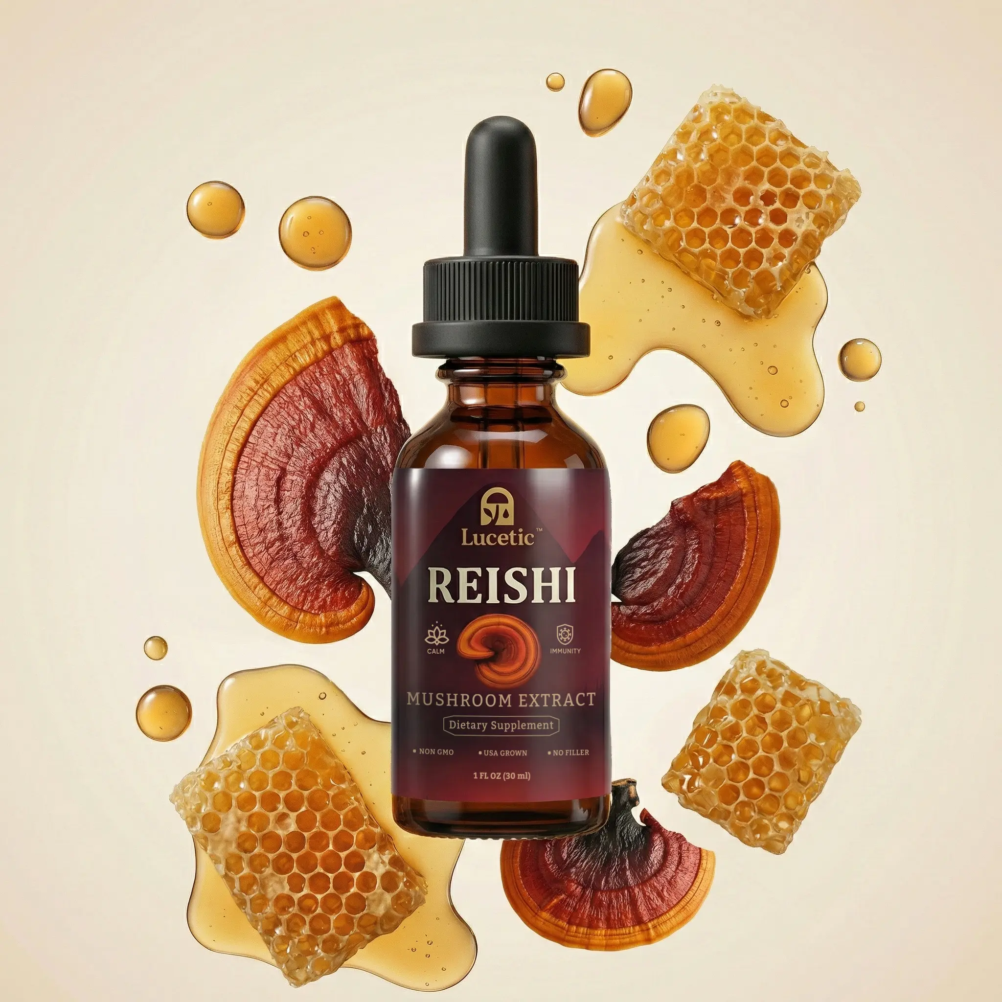Lucetic Reishi Mushroom Liquid Extract | Dual Extract Herbal Supplement | Natural Immune Support & Stress Relief | 1oz (30ml)