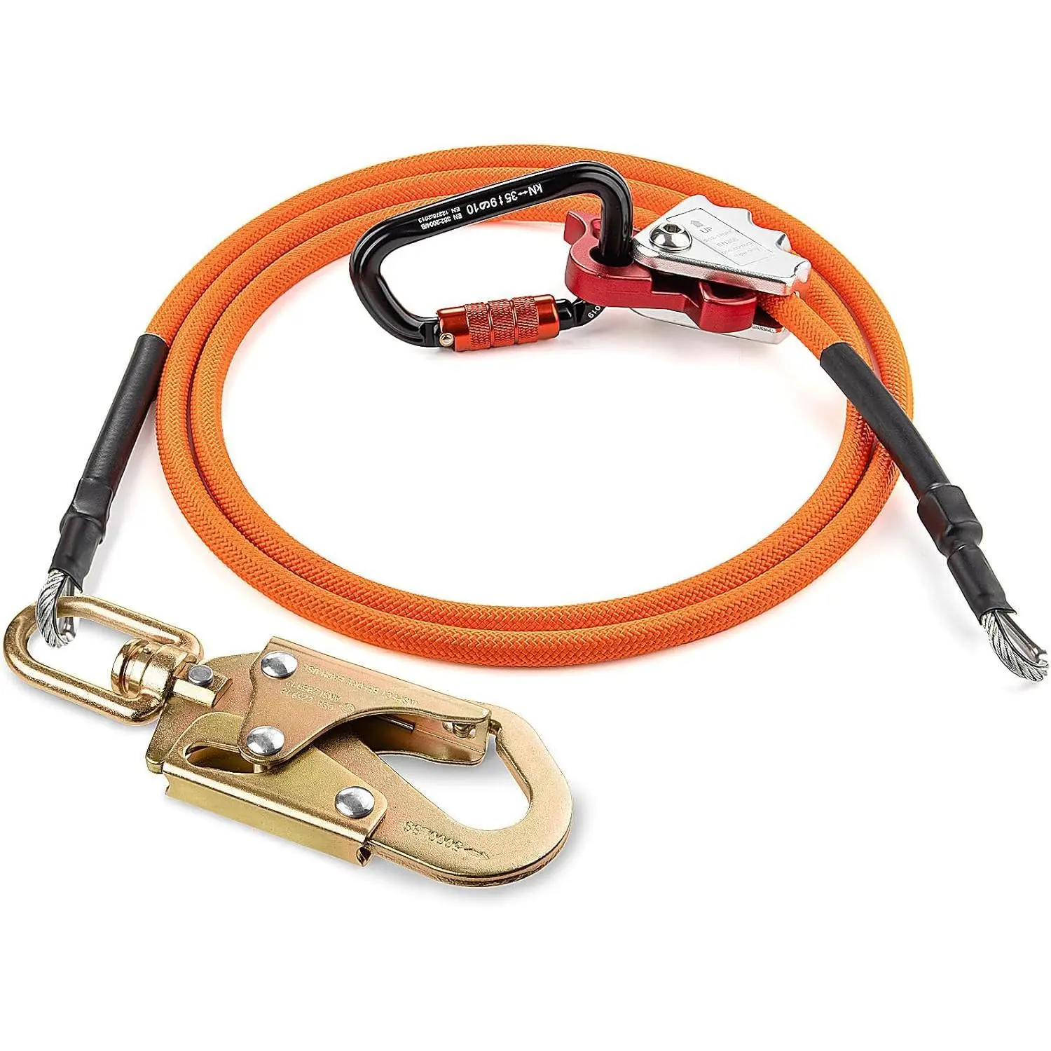 8ft Galvanized Steel Wire Core Flipline Kit for Arborists, Fall Protection Climbing Lanyard with 1/2" Steel Cable, Swivel Snap Hook, Triple Lock Carabiner, Rope Grab Adjuster