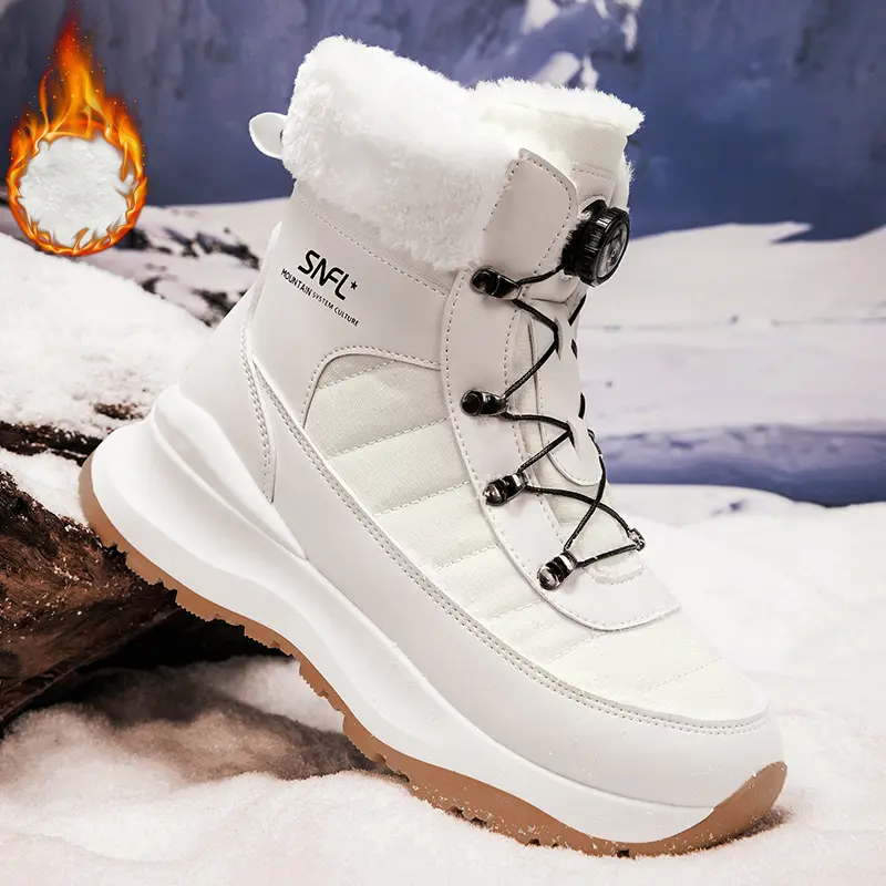 Men's Winter Quilted Contrast Faux Fur Design snow Boots, Casual Warm Thick Sole AnkleBoots For Outdoor Activities, Male All-match Round Toe Shoes For Daily Wear men shoes Beige Lace botas para hombres