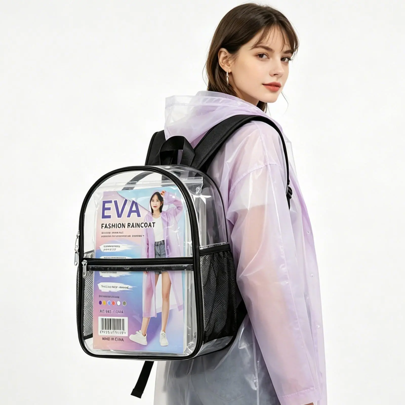 Transparent Clear Backpack (10.5 × 11.8 × 5.9 in) + Free EVA Rain Cover for Concerts, Stadium Events, School, Travel & Festivals | Lightweight Waterproof Bag