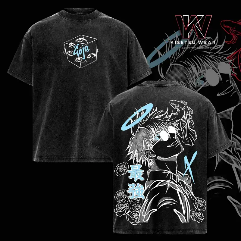 Gojo Satoru Vintage Washed Oversized T-Shirt – Jujutsu Kaisen Anime Graphic Tee, Soft Cotton Casual Streetwear Apparel, Unisex Top, Gift for JJK Fans, Anime Aesthetic Outfit