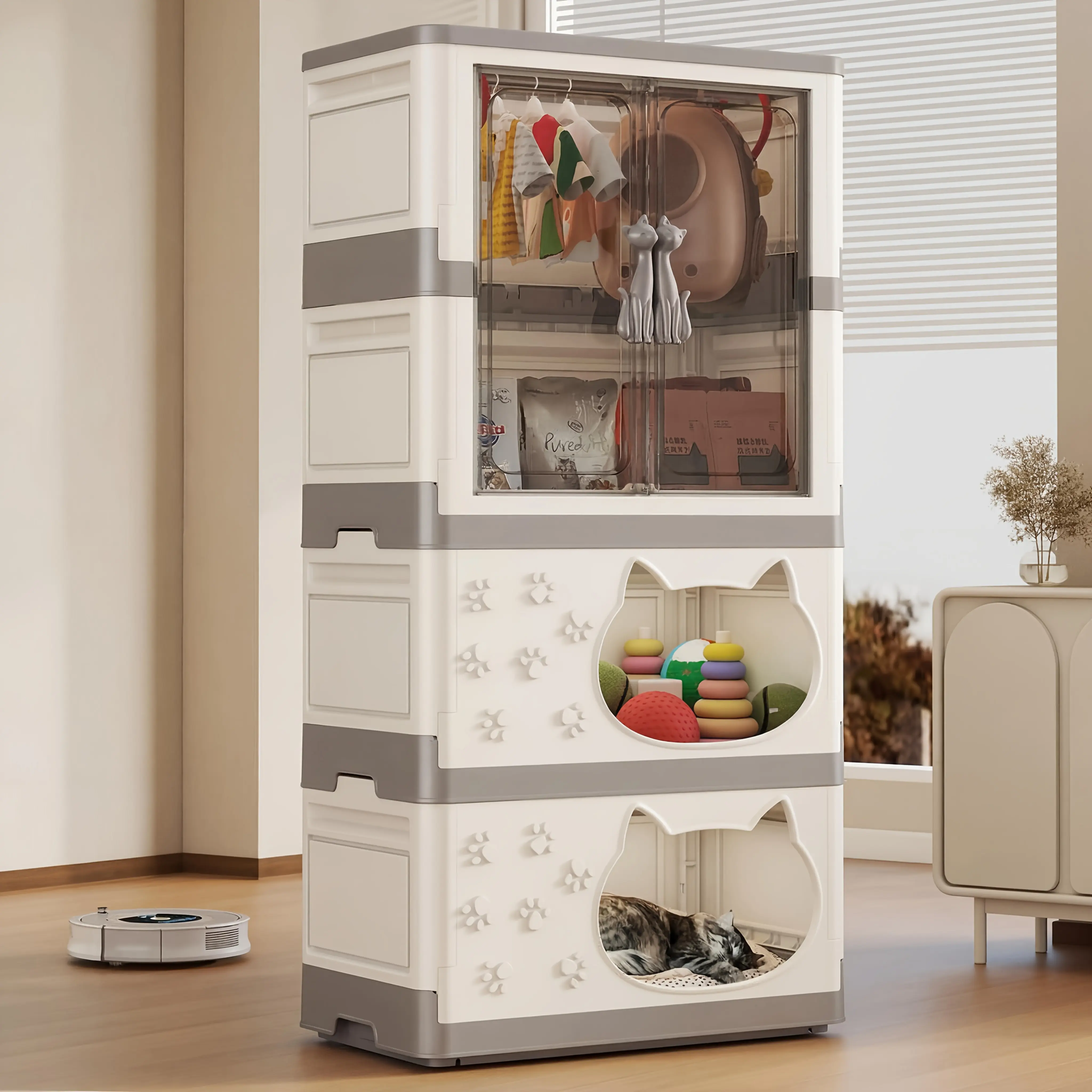 Naviconvex 3-Tier Cat House Storage Cabinet, 23.62-Inch Pet Organizer with Large Top Storage and Magnetic Doors, Modern Cat Hideout Condo for Cats and Small Dogs, Multi-Functional Plastic Pet Furniture*