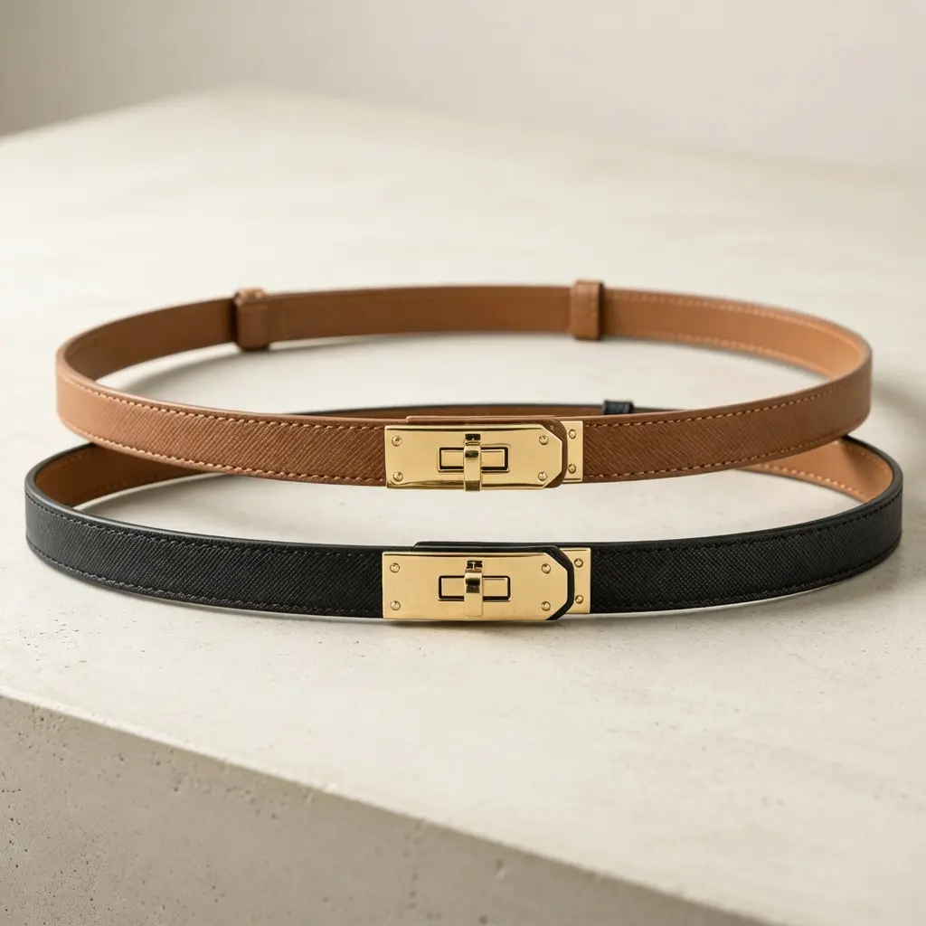 Women's Thin Width Quality Leather Belt - Adjustable Golden Turn-Lock Buckle, Casual/Formal Accessory for Dresses, Jeans