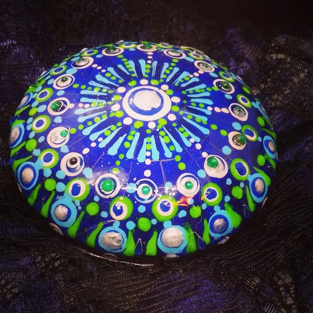Blue and Green 4.5" hand painted dot mandala decorative stone