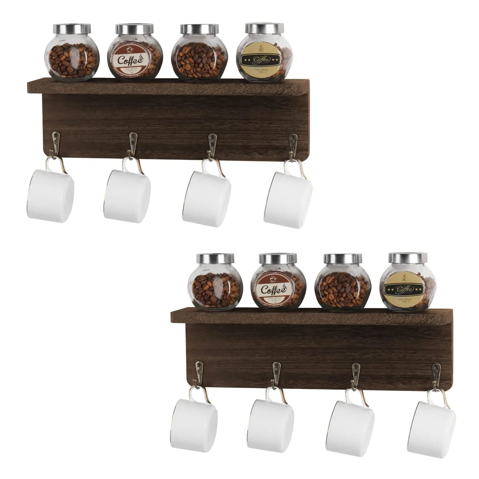 2-Pack Hangable Retro Farmhouse Wooden Coffee Mug Holders, Rustic Look Kitchen Decor Space Saver with Storage Shelf, 8 Hooks & Stable Shelf Helps Keep Items Secure, Easy-Install Home Organizer Rack for Tea Cups