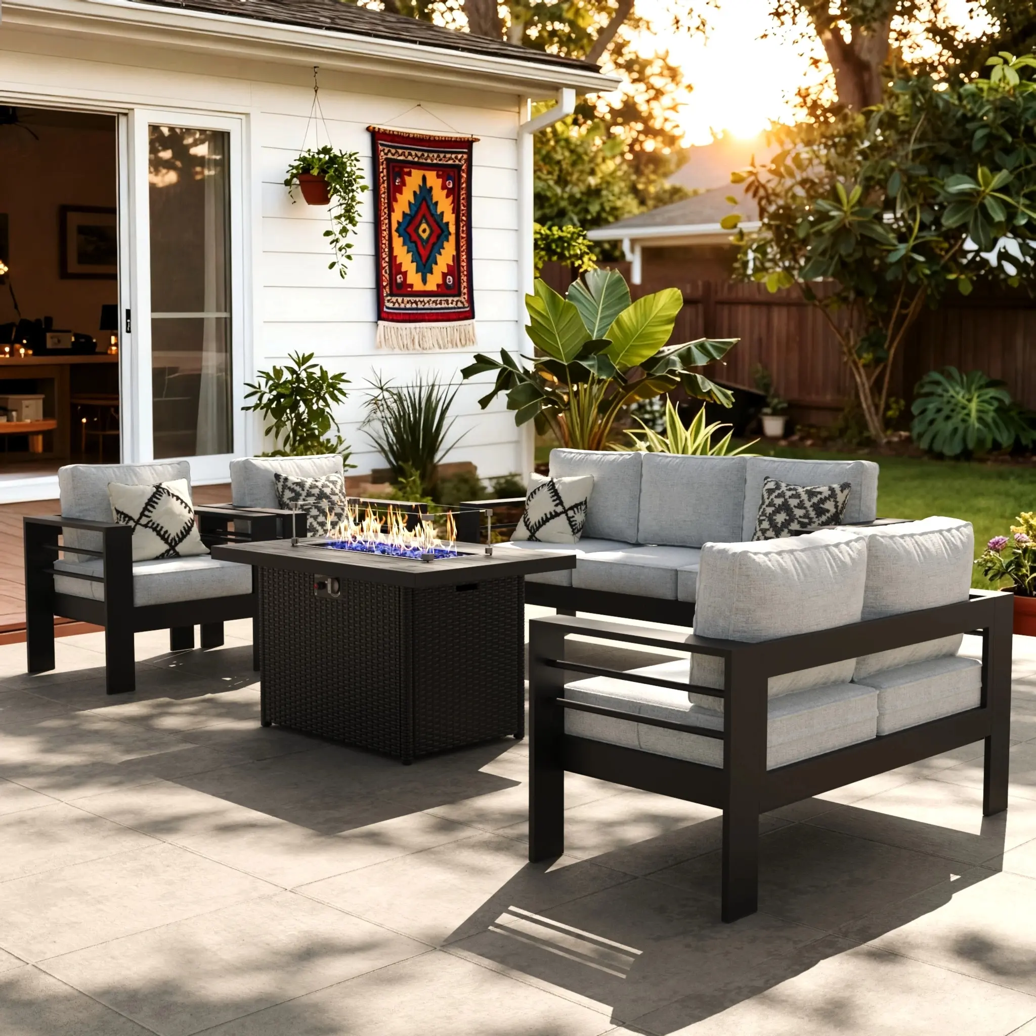 【3/4 Packages Shipping】LayinSun Outdoor Aluminum Furniture Set with Fire Pit Table, Patio Sectional Conversation Chat Sofa Modern Seating Set