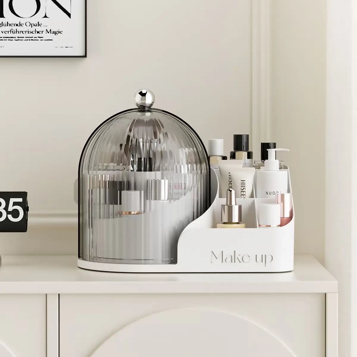 High-Value Makeup Storage Box Transparent Rotating Brush Set Dustproof Compartment Lipstick Eyebrow Pen Desktop Organizer Rotatable Cosmetic Organizer Cosmetic Storage Box Cosmetics Organizer Storage