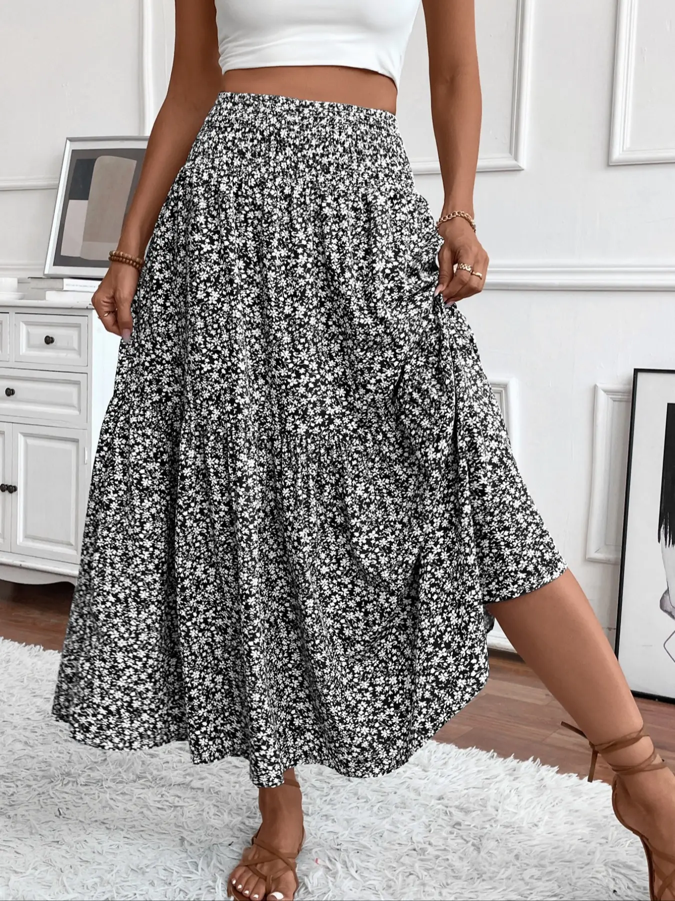 Women's Floral Elastic Waist Pleated Long Floor-Length Skirt, Stylish and Comfortable, Perfect for Casual and Formal Occasions