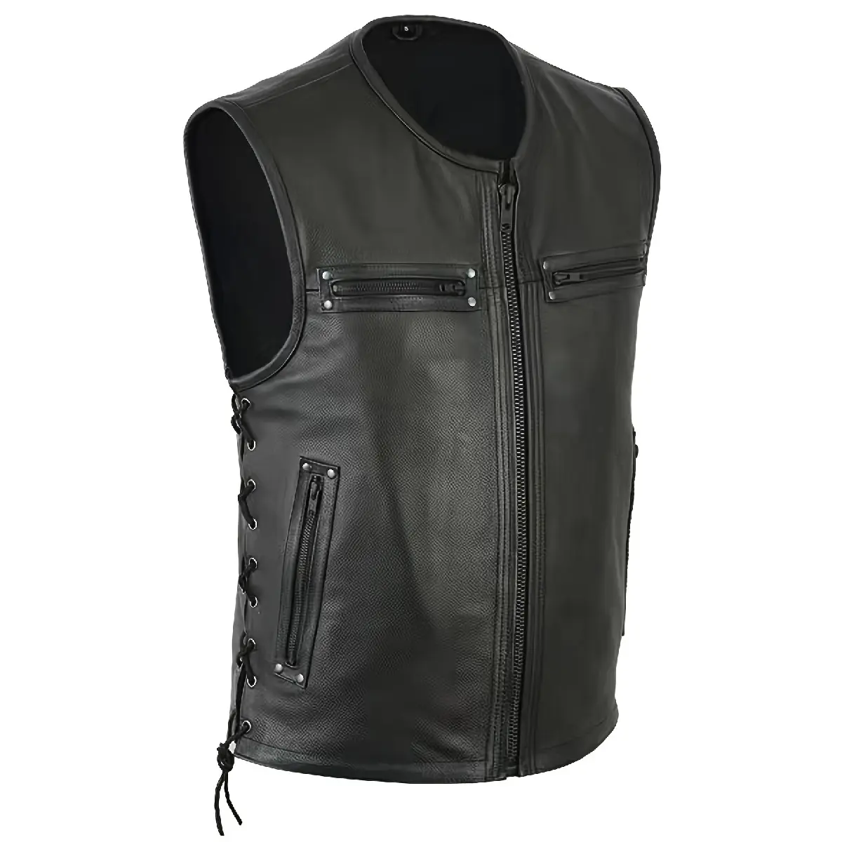 Men's Open Front Vintage Polyurethane Synthetic Motorcycle Vest - Stylish Menswear Waistcoat & Gilet Outerwear, No, Tops, Sleeveless, Plain, Men's Clothing, Regular Fit, Vintage Crew