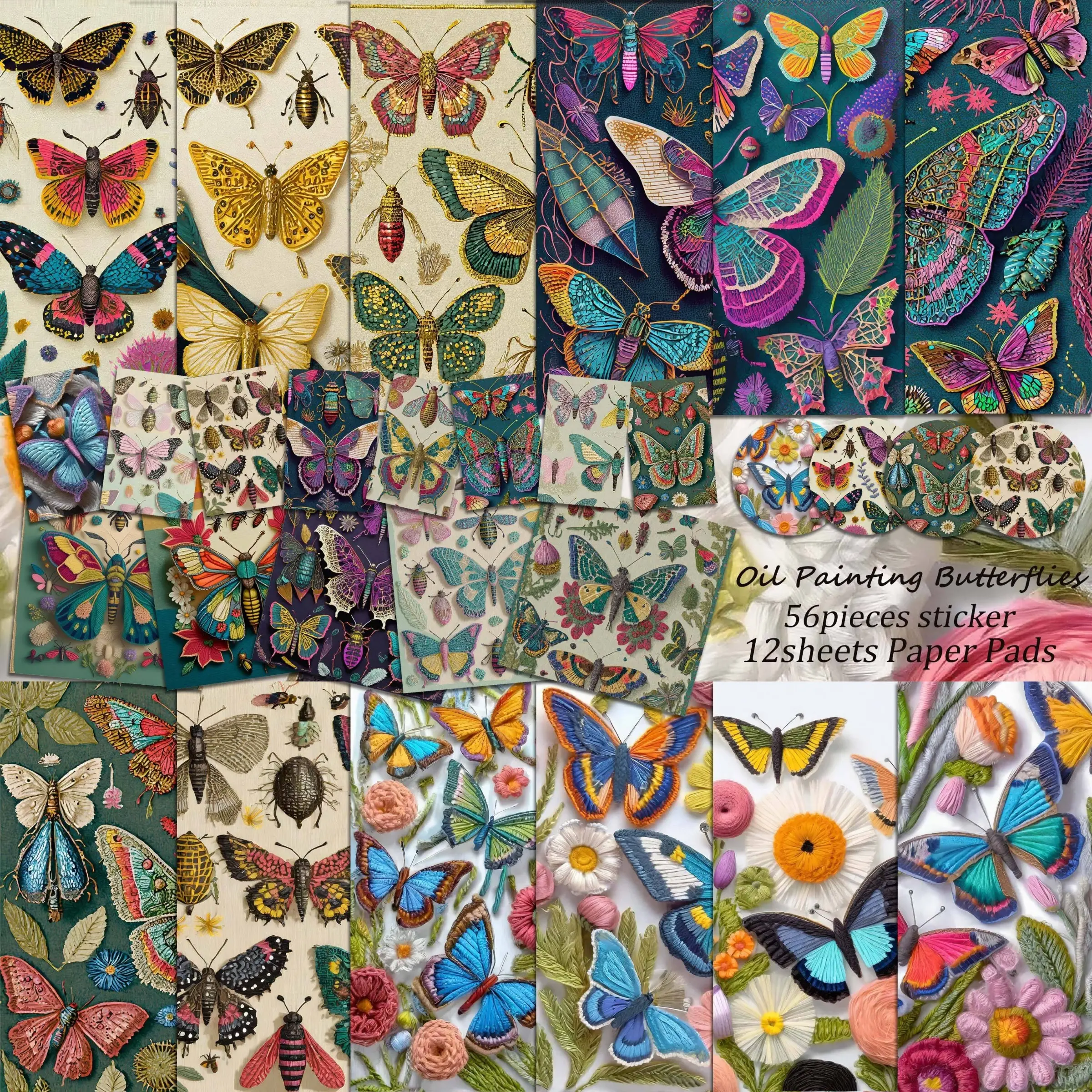 68pieces(12papers+56stickers) Vintage Oil Painting Butterfly DIY Scrapbook Paper Pack, Perfect for Gift Wrapping Paper, Journal Supplies, Arts Crafts, Scrapbooking Supplies, DIY Crafts, Holiday Decorations, Crafting Kit, Scrapbook Materials