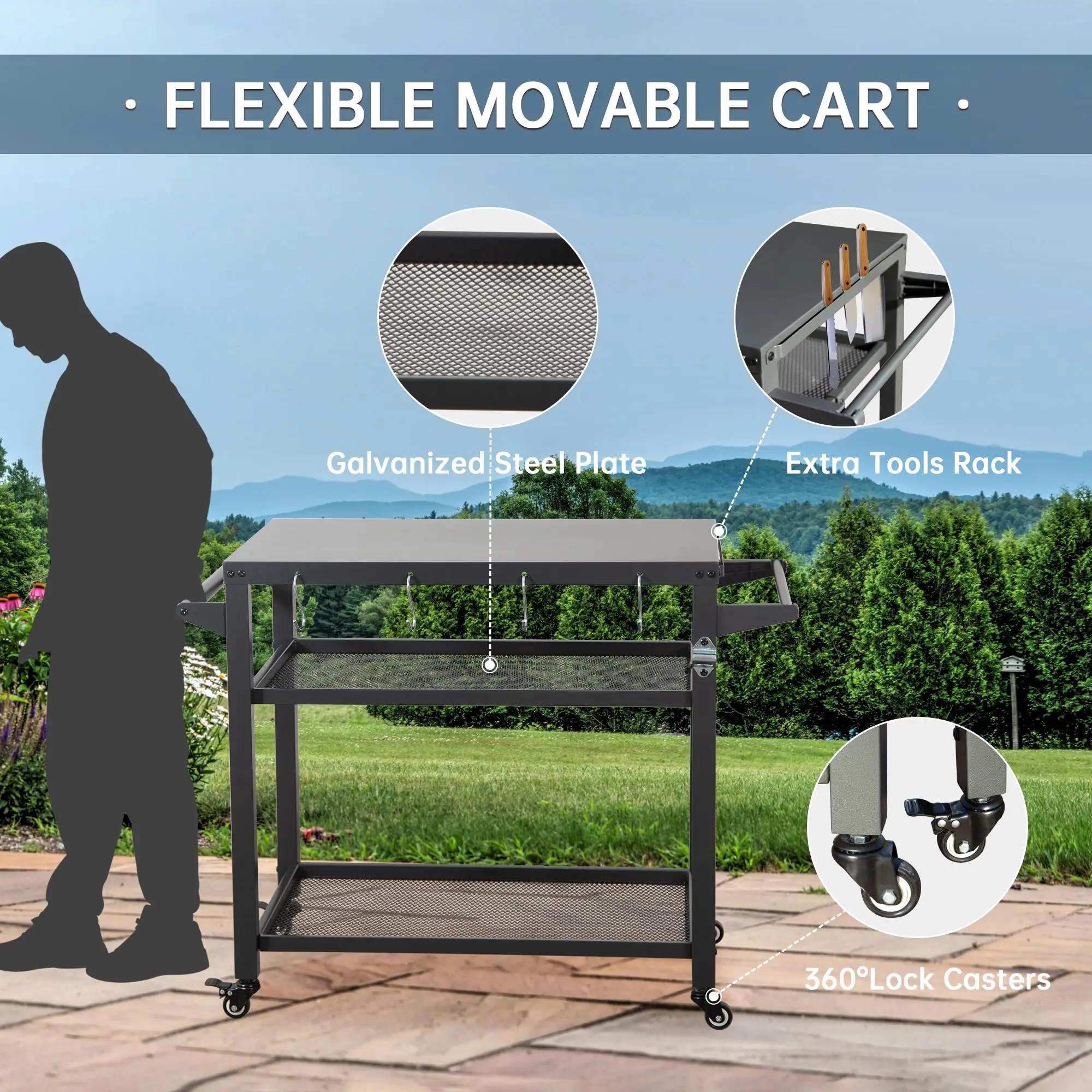 Moveable Outdoor Kitchen BBQ Worktable Trolley 42" W X 22" D 3 Storage Shelves Grill Cart Table Wheels Hooks for Food Parks