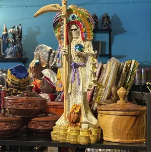 Religious Santa Muerte Standing Statue, Aztec White 15in Charged, Home Decor for Room & Household Items
