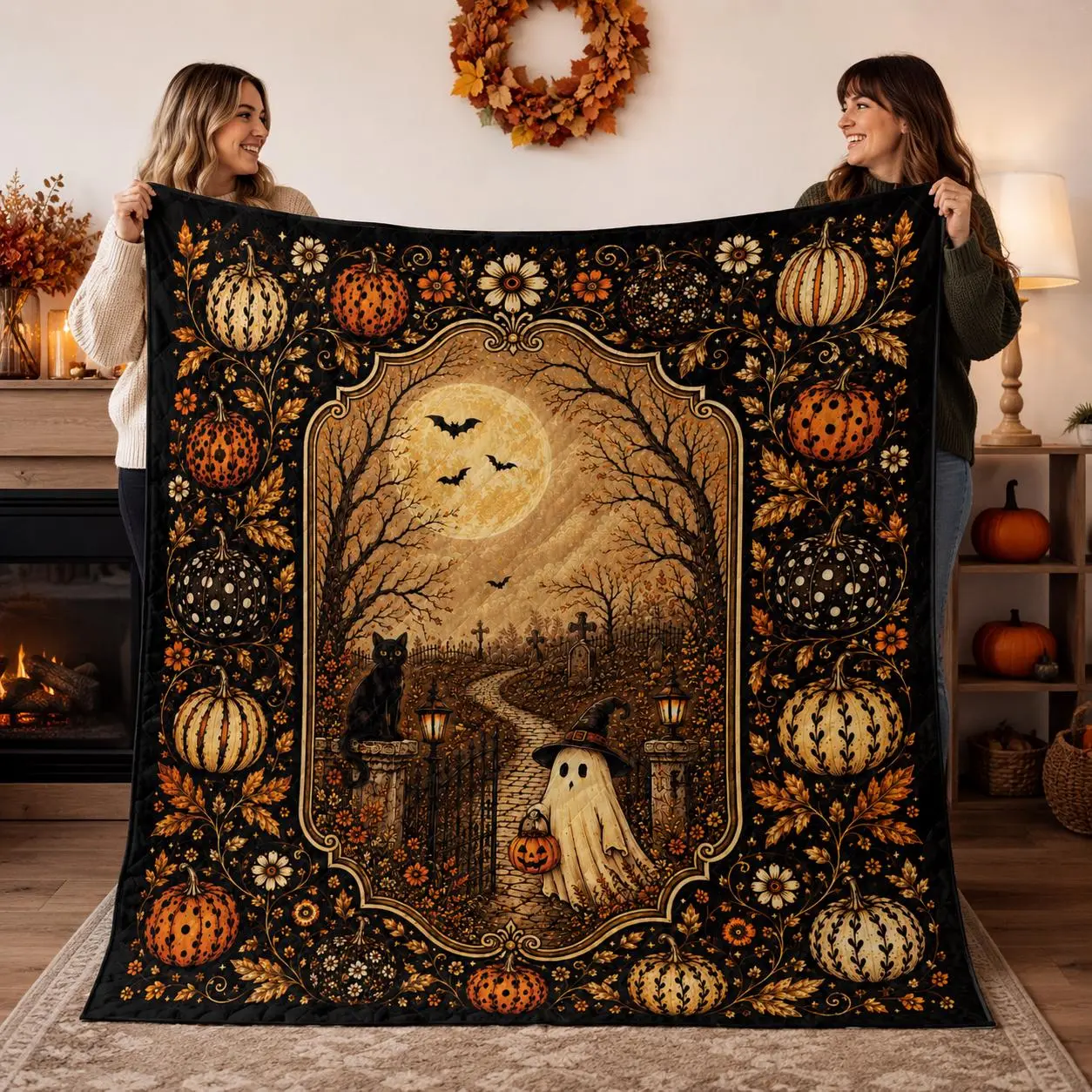 Gothic Halloween Quilt Blanket, Ghost Pumpkin Quilt, Black Cat Halloween Blanket, Vintage Gothic Spooky Fall Throw Blanket, Halloween Decor | Halloween Gifts