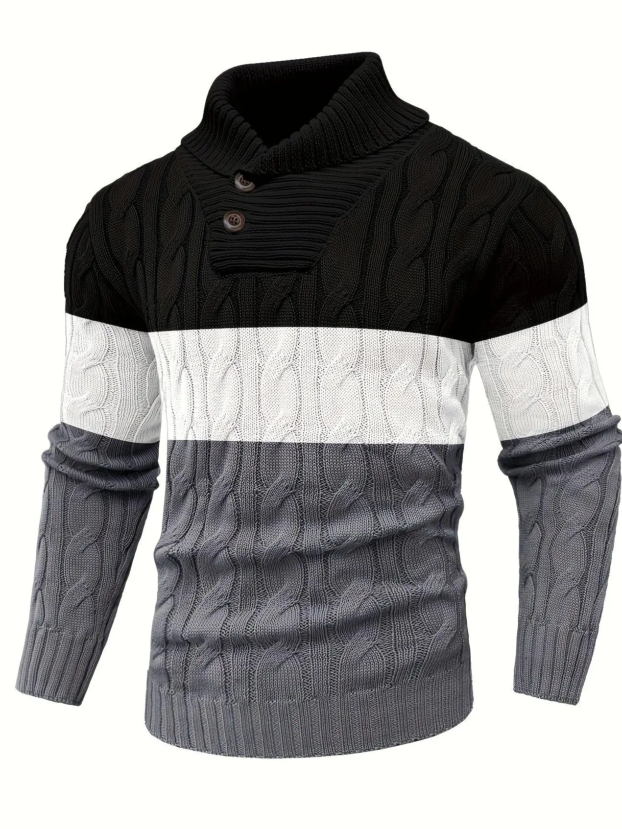HYPESTFIT Men's Ink Blue Contrast Knit Sweater with Geometric Pattern Large Lapel Collar Long Sleeve Pullover for Fall Winter Layering Casual Menswear 100% Polyester Slight Stretch