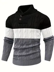 HYPESTFIT Men's Ink Blue Contrast Knit Sweater with Geometric Pattern Large Lapel Collar Long Sleeve Pullover for Fall Winter Layering Casual Menswear 100% Polyester Slight Stretch