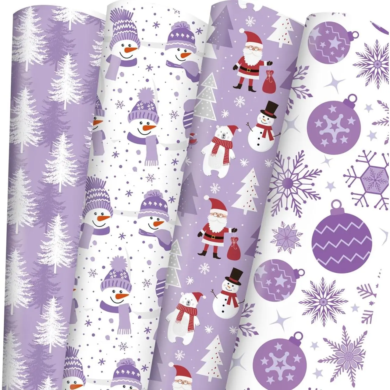 28 x 40 In Christmas Wrapping Paper, Purple Snowflake Santa Xmas Tree Snowman Bear Assorted Design, Folded Flat  Wrap Paper - 6  Sheets for Xmas Winter Holiday Birthday Party Celebration