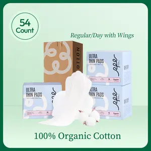 RPE Life Day/Regular Pads with Wings - 100% Organic Cotton - 18 or 54 ct, Ultra Thin, Absorbent and Wider Wings, Leak-Proof Protection, Large Value Pack, First-Time Friendly