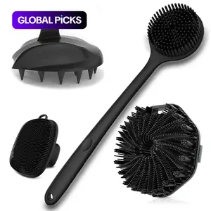 Silicone Body Care Brush Set, 4 Counts Long-Handle Back & Face Brushes, Bath Brush, Hairbrush & Body Back Scrubber, Professional Skincare Tools for Home & Travel Use, Shower Brush Exfoliating Tool